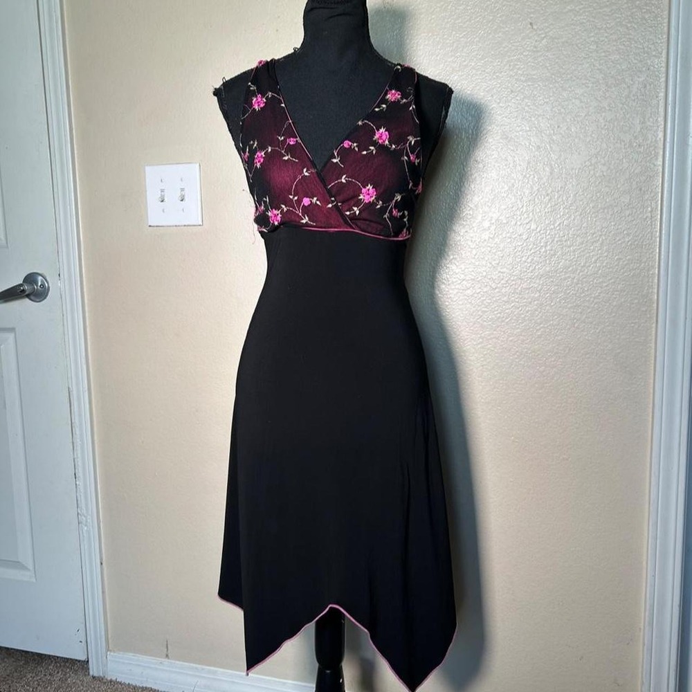 Mimoa Y2K Black Floral Wrap Maxi Dress Gothic Fairy Grunge Pink Handkerchief Hem